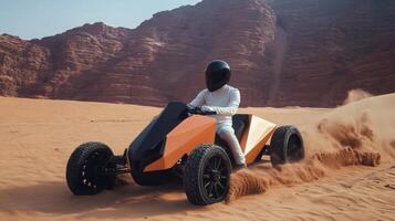 Adventurous ride through sandy desert terrain in a sleek off road vehicle during daytime photo