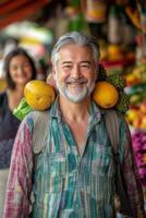 Market day with a smiling vendor and a customer at a vibrant fruit stall photo