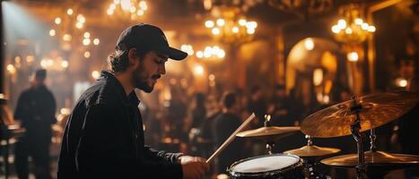 Drummer plays at a lively music event in an elegant venue with stunning lighting photo