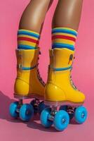 Bright retro roller skates with striped socks against a pink background during a sunny day photo