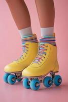 Bright retro roller skates with striped socks against a pink background during a sunny day photo