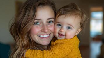 Mother and child share a joyful moment in a warm and colorful home setting photo