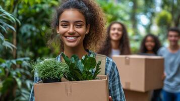 Group of young adults participating in urban gardening project while carrying plants photo