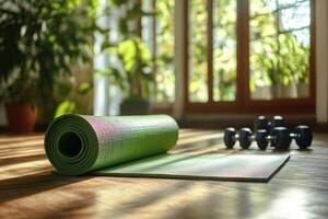 Bright and inviting yoga space with green mat and weights for home workouts photo