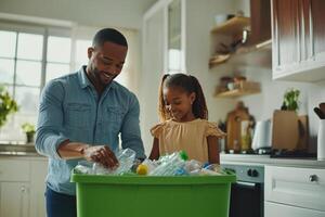 Father and daughter sorting plastic bottles for recycling in a bright kitchen photo