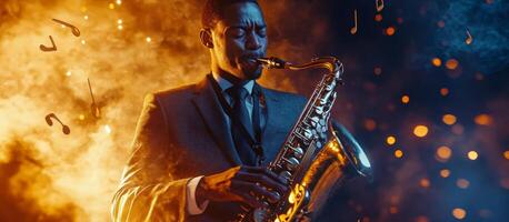 Musician performs passionately on saxophone amidst vibrant sparks in a lively atmosphere photo