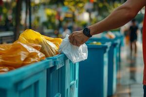 Hand placing trash bag into colorful recycling bins in a community park setting photo