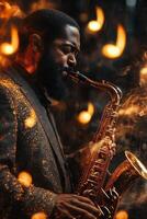 Musician performs with saxophone surrounded by colorful lights and sparks at evening concert photo