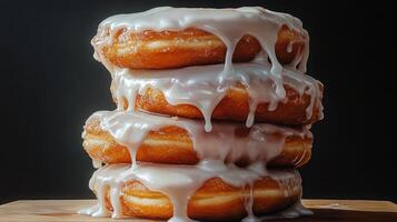 Delicious glazed donuts stacked on a wooden table with sunlight in the background photo