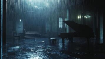 Dimly lit interior of a bustling bar with rain falling inside during an evening photo