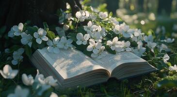 An open book lies on lush green grass, surrounded by delicate white flowers photo