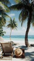 Relaxing beach scene with sun hat and lounge chair near clear ocean water photo