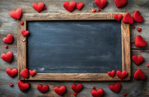 Romantic wooden frame with red heart decorations on dark surface for special occasions photo