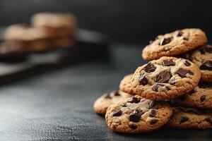 Chocolate cookies arranged in a circular pattern on a dark textured background with chocolate pieces photo