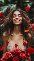 Young woman smiling with red roses surrounded by rose petals in outdoor setting photo