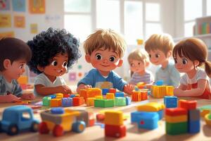Children engaged in playtime with colorful building blocks in a bright classroom setting photo