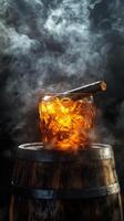 Smoky cocktail served in a wooden barrel with ice and a cigar resting on the rim photo