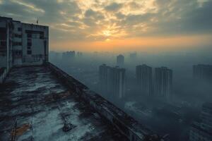 Sunrise over a city skyline with misty clouds and urban buildings in the background photo