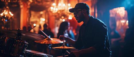 Drummer plays at a lively music event in an elegant venue with stunning lighting photo