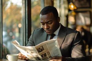 Man reading newspaper by window in cozy cafe during rainy morning photo
