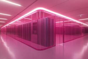 Neon lit modern technology hub with glass partitions and vibrant pink lighting photo