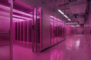 Neon lit modern technology hub with glass partitions and vibrant pink lighting photo