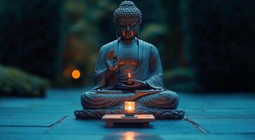 Serene Buddha statue with candlelight in tranquil garden at dusk photo