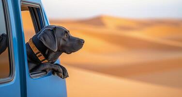 Dog enjoying a scenic ride with head out of a car window in a desert landscape photo