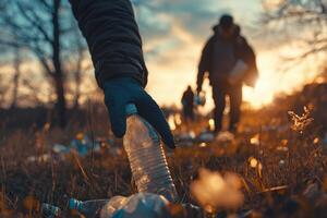 Community members clean up litter during sunset in a natural area photo