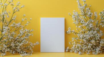 Bright yellow background with white flowers framing a blank card for creative designs photo