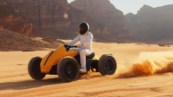 Adventurous ride through sandy desert terrain in a sleek off road vehicle during daytime photo