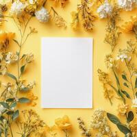 Floral arrangement with yellow background highlighting a blank canvas for creative design photo