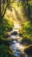 Tranquil forest landscape with a flowing stream and sunlight filtering through trees photo