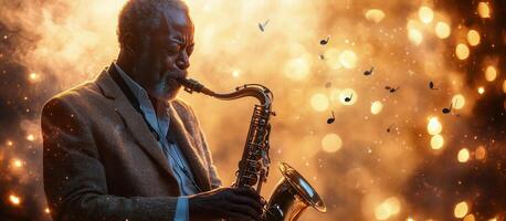 Musician performs passionately on saxophone amidst vibrant sparks in a lively atmosphere photo