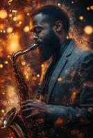 Musician performs with saxophone surrounded by colorful lights and sparks at evening concert photo