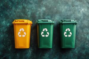 Recycling bins in urban setting for waste separation and environmental sustainability efforts photo