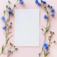 Beautiful spring flowers frame a blank card on a pink background for creative projects photo