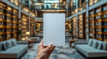 Holding a blank notebook in a modern library setting filled with shelves and soft seating photo