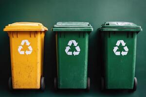 Recycling bins in urban setting for waste separation and environmental sustainability efforts photo