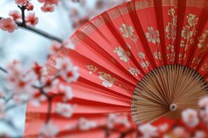 Red fan with floral design surrounded by cherry blossoms in springtime photo
