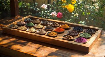 Colorful collection of spices displayed on a wooden tray in a sunlit garden setting photo