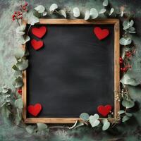 Decorative frame with red hearts and eucalyptus leaves on a dark background for party or celebration photo