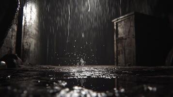 Dark interior with rain falling through a window creating a moody atmosphere photo