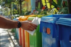 Hand placing trash bag into colorful recycling bins in a community park setting photo