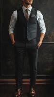 Stylish man in tailored gray suit poses confidently against a dark background photo