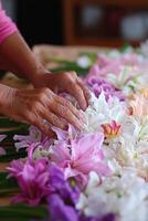 Flower arranging with vibrant blooms in a colorful display during a creative workshop photo