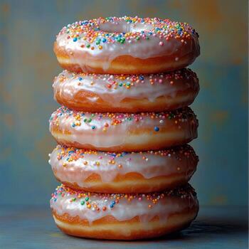 Delicious stacked donuts with pink frosting and colorful sprinkles at a bakery photo