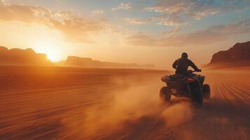 Adventurous ride across the sandy desert landscape during sunset with dramatic sky photo