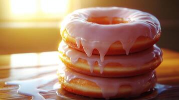 Delicious glazed donuts stacked on a wooden table with sunlight in the background photo