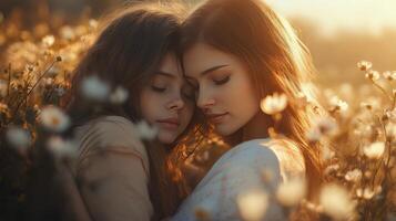 Mother and daughter enjoy a warm embrace in a blooming flower field at sunset photo